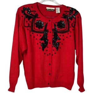 Vintage Dana Scott Red Knit Sweater Cardigan w/ Black Beads & Sequins Size Large